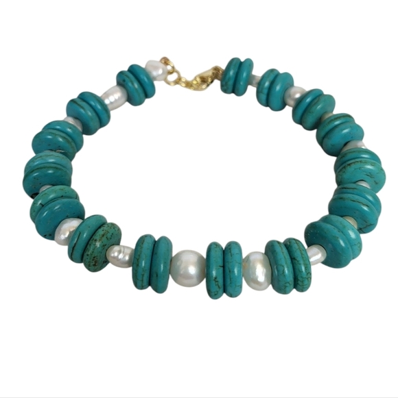 Turquoise Heishi Freshwater Pearl Bracelet - Picture 2 of 4